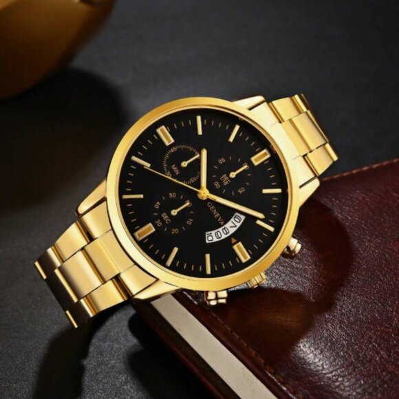 Geneva Men's Quartz Watch, Business Casual Steel Strap (Gold, Silver, or Black) - Picture 3 of 7